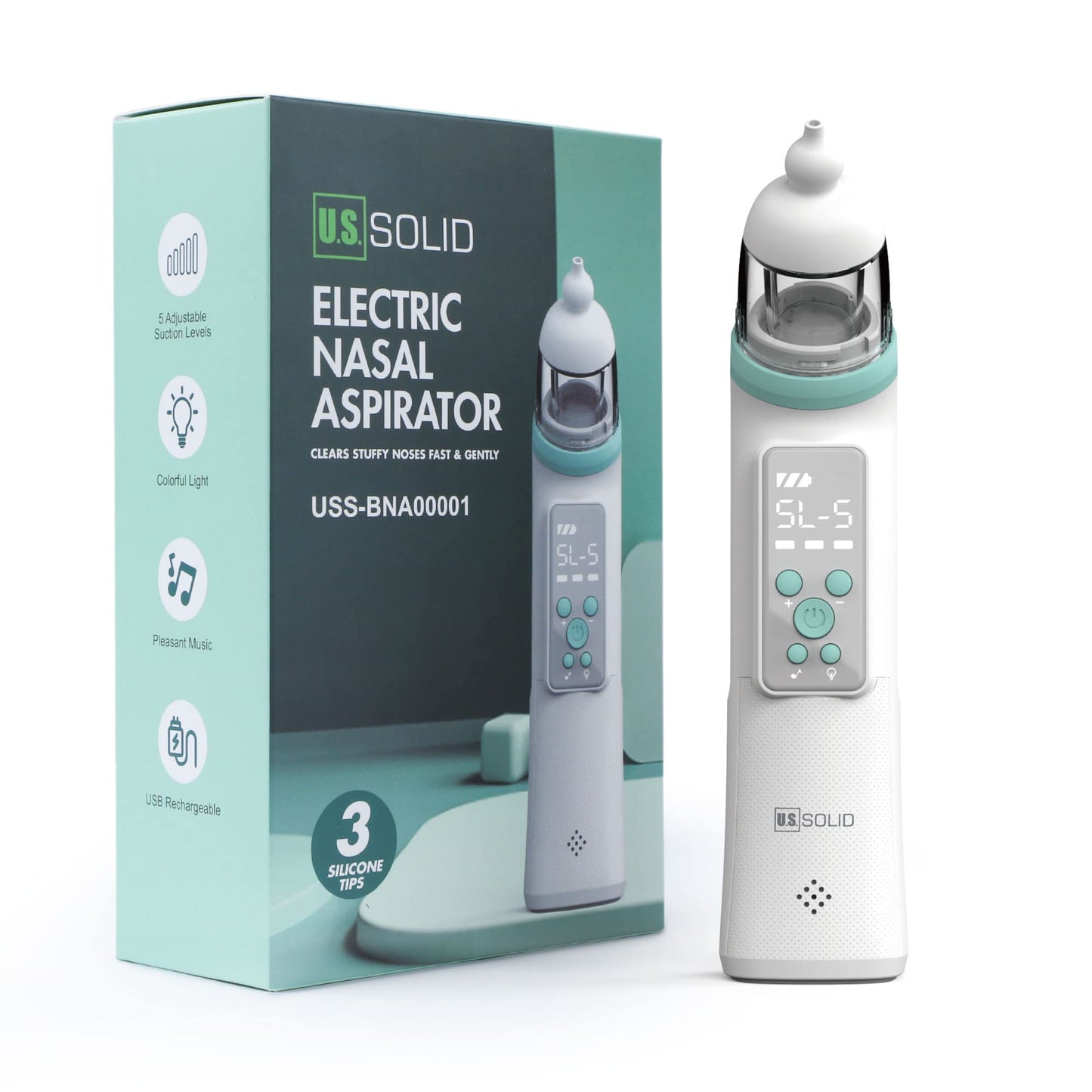 U.S. Solid Nasal Aspirator for Baby - Electric Baby Nose Sucker Nose Aspirator Automatic Nose Cleaner with 3 Silicone Tips 5 Suction Levels Music and Light Soothing Function Pause Available