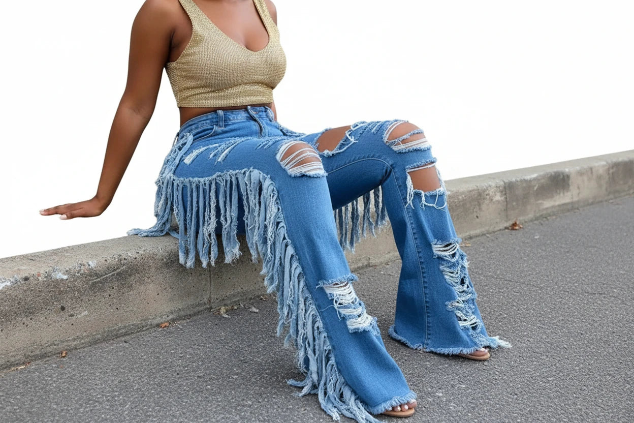 Lucuna Womens Ripped Jeans High Waisted Boyfriend Trendy Fringe Tassel Distressed Jeans Denim Pants