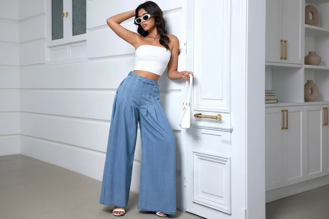Light Blue High Waisted Wide Leg Baggy Jeans for Women