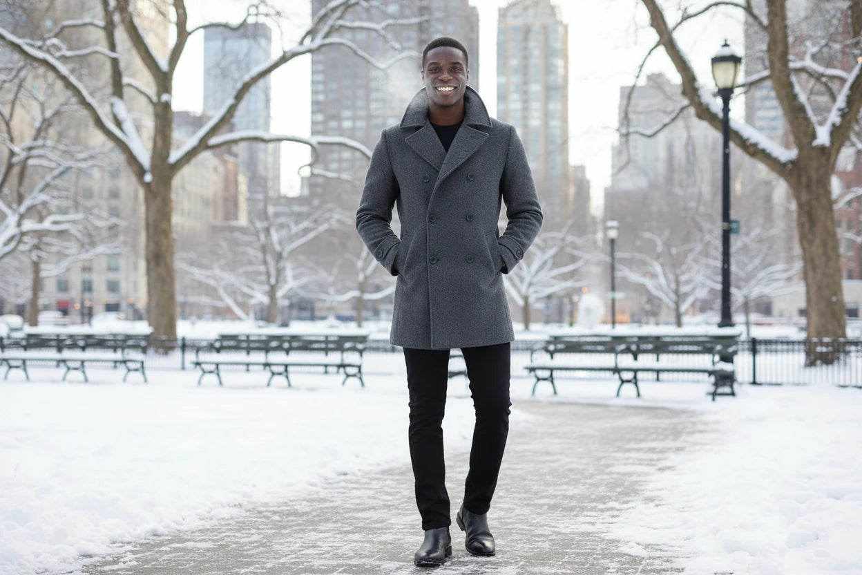 Lisskolo Mens Double Breasted Wool Blend Pea Coat Heavyweight Winter Warm Wool Trench Coat Peacoat Grey XL