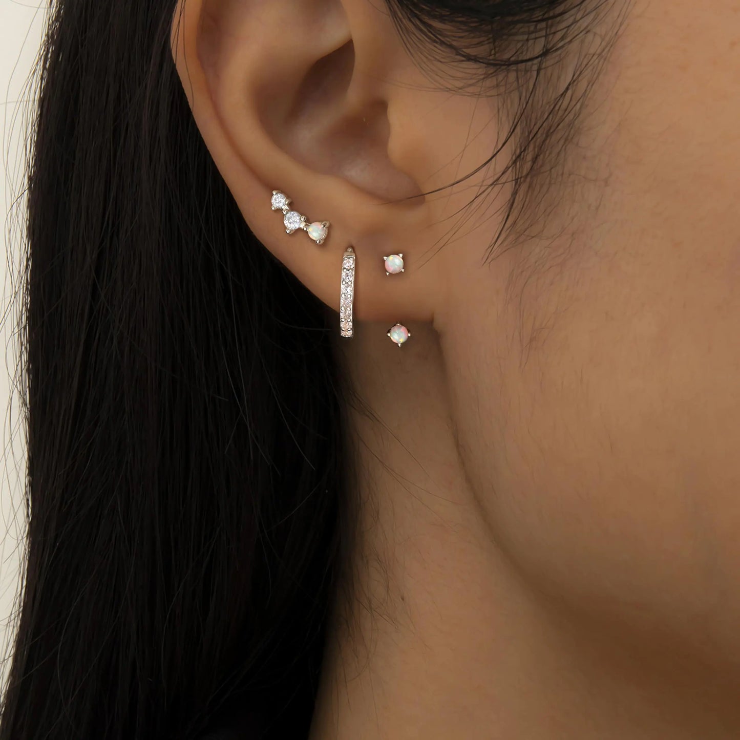FIASASO 3 Pairs 925 Sterling Silver Hypoallergenic Earrings Set for Multiple Piercing Dainty 14K Gold Plated Stud Huggie Small Hoop Earrings for Women Trendy Cute Earring Stacks for Sensitive Ears Silver,Opal