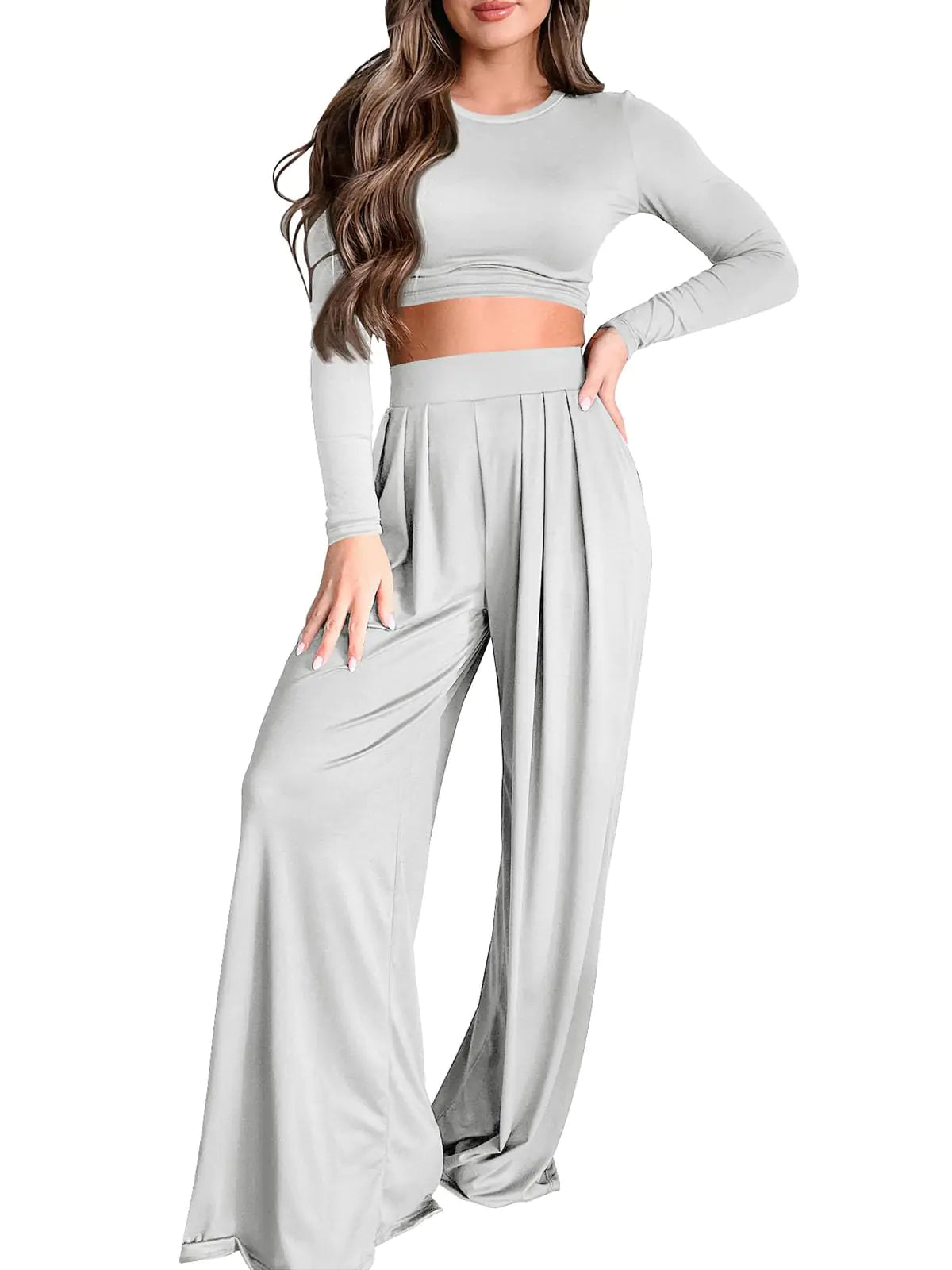 PEIARA Womens 2 Piece Lounge Sets Fall Long Sleeve Crop Tops Two Piece Outfits Woman Wide Leg Palazzo Pants Set Matching Tracksuits 2024 Clothes