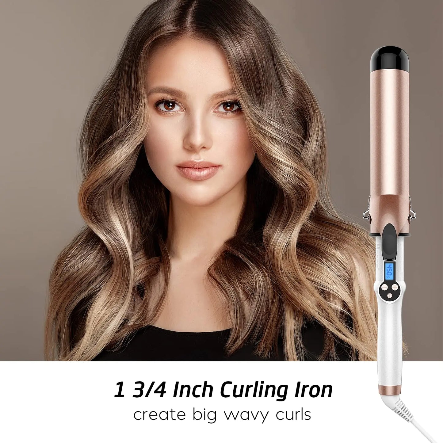 Hoson 1 3/4 Inch Curling Iron Large Barrel, 1.75 Long Barrel Curling Wand Dual Voltage, Ceramic Tourmaline Coating with LCD Display, Glove Include