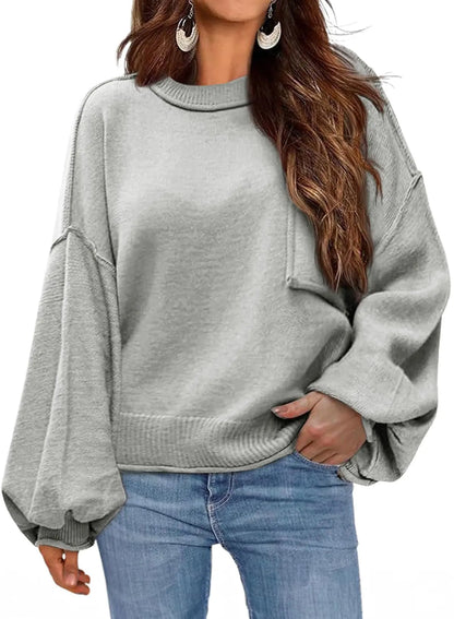 Dokotoo Women's Sweater 2024 Fall Winter Long Sleeve Casual Tops Ribbed Hem Knitwear Lantern Pullover Sweater Medium Gray