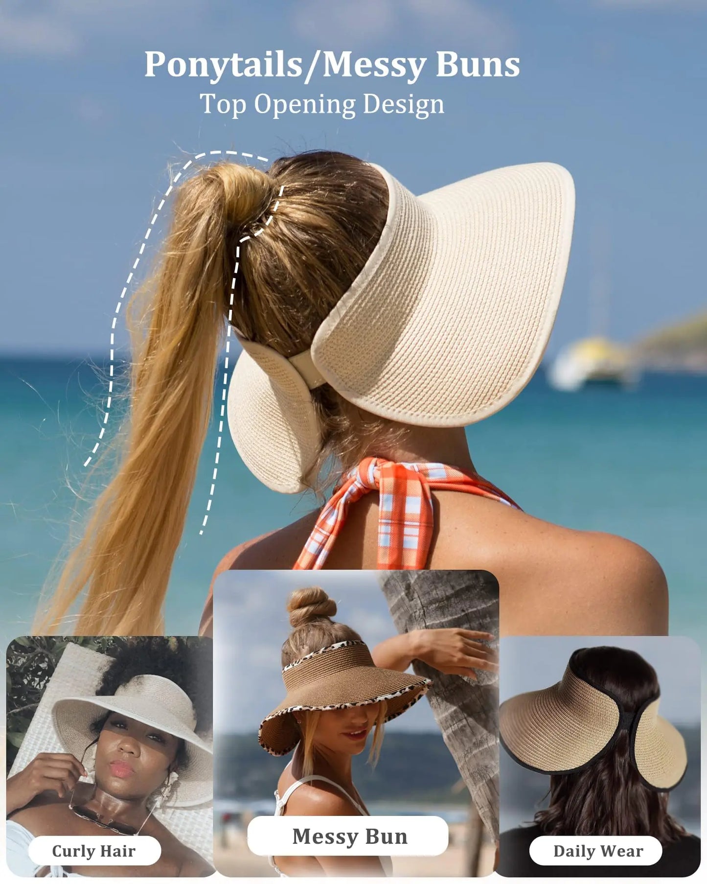 FURTALK Sun Visor Hats for Women Wide Brim Straw Roll-Up Ponytail Summer Beach Hat UV UPF Packable Foldable Travel Medium Beige