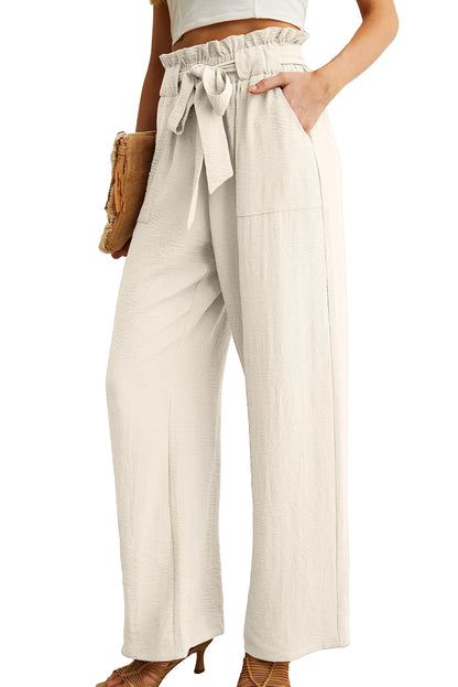 IWOLLENCE Women's Wide Leg Pants with Pockets High Waist Adjustable Knot Loose Casual Trousers Business Work Casual Pants 3X-Large 02 Ivory White