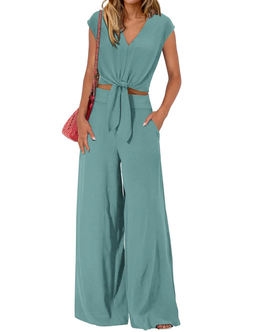 PRETTYGARDEN Women's Summer 2 Piece Outfits 2024 Cap Sleeve V Neck Belted Crop Tops Wide Leg Pant Sets Casual Tracksuit Small Solid Blue Green