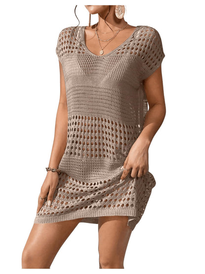 Milumia Womens Swimsuit Short Sleeve Crochet Swim Cover Up Knit Bathing Suit Beach Dress Khaki X-Large