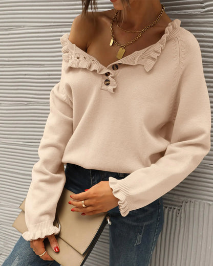 BTFBM 2024 Womens Sweaters Fall Winter Outfits Long Sleeve Button Down Ruffle Crew Neck Casual Knitted Pullover Tops Solid Beige Small