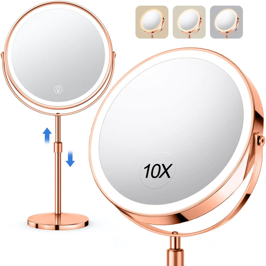 10X Large Lighted Makeup Mirror, Rechargeable 8" Height Adjustable Vanity Mirror, 1x/10x Magnifying Mirror with 3 Color, Brightness Adjustable, 360° Rotation Double Sided Mirror, Ideal Gift(Rose Gold) Rose Gold