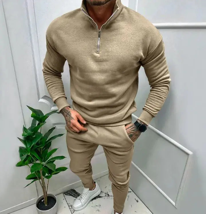 Men's Casual Fleece-lined Solid Color Top And Trousers Suit