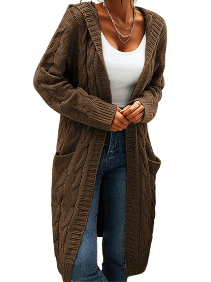 Women Hooded Open Front Cardigan Cable Knit Sweaters Solid Color Chunky Long Sweater Coats Large Dark Brown