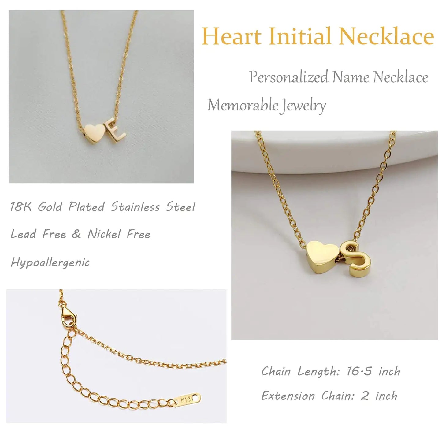 Glimmerst Initial Heart Necklace,18K Gold Plated Stainless Steel Tiny Heart Letter Necklace Personalized Monogram Name Necklace for Women R