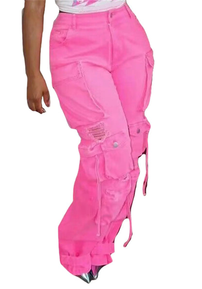 Women Loose Denim Cargo Pants High Waist Flap Pocket Streetwear Cargo Jeans Trousers