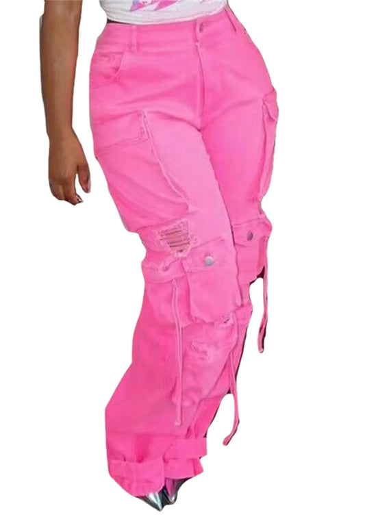 Women Loose Denim Cargo Pants High Waist Flap Pocket Streetwear Cargo Jeans Trousers