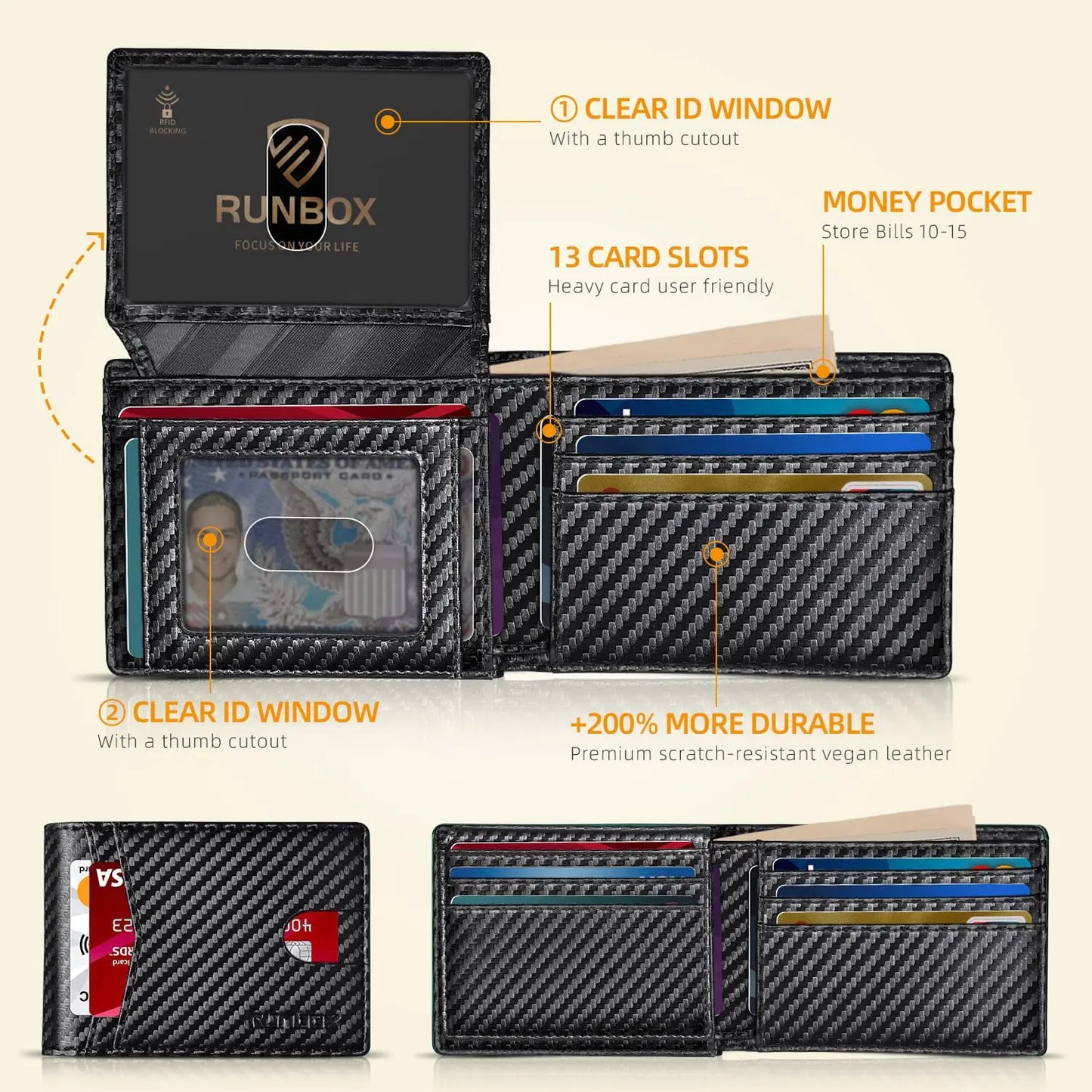 RUNBOX Wallet for Men Slim Rfid Leather 2 ID Window With Gift Box Carbon Black-15 slots