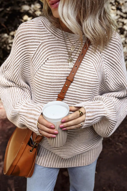 EVALESS Striped Sweaters for Women Boat Neck Batwing Sleeve Oversized Pullover Sweater Tops Womens Fall Clothes Outfits Medium Light French Beige