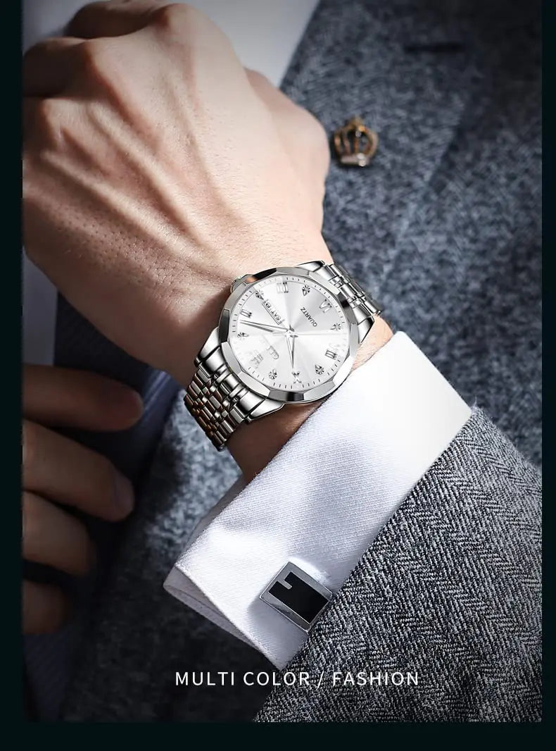 OLEVS Watch for Men Diamond Business Dress Analog Quartz Stainless Steel Waterproof Luminous Date Two Tone Luxury Casual Wrist Watch silver watch for men