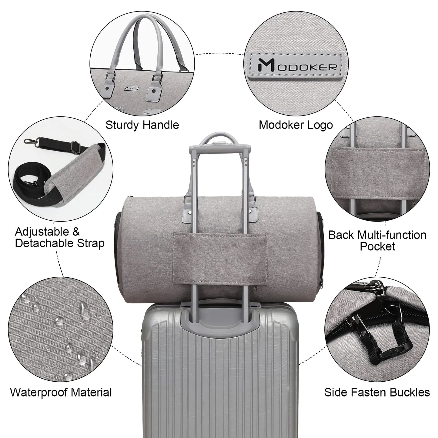 Convertible Garment Bag with Toiletry Bag, Modoker Carry on Garment Duffel Bag for Men Women - 2 in 1 Hanging Suitcase Suit Travel Bags, Light Grey