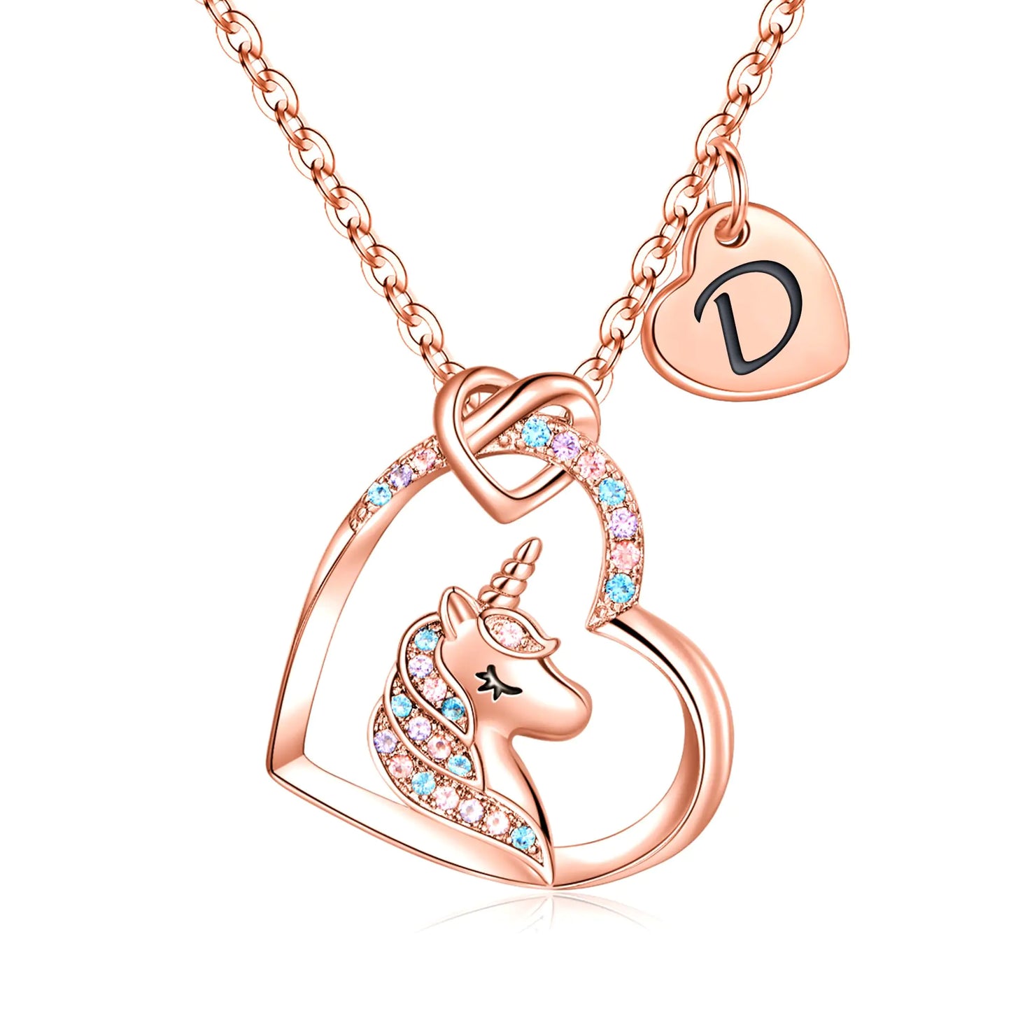 Hidepoo Unicorn Necklace for Girls Gifts - 14K Gold/Rose Gold/White Gold Plated Cubic Zirconia Heart Unicorn Necklace Gifts Jewelry Initial Unicorn Necklace Birthday Gifts Unicorns Gifts for Girls D Rose Gold