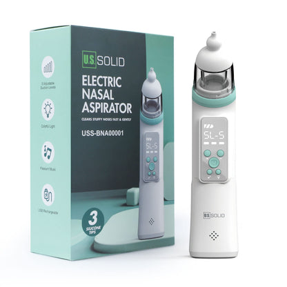 U.S. Solid Nasal Aspirator for Baby - Electric Baby Nose Sucker Nose Aspirator Automatic Nose Cleaner with 3 Silicone Tips 5 Suction Levels Music and Light Soothing Function Pause Available
