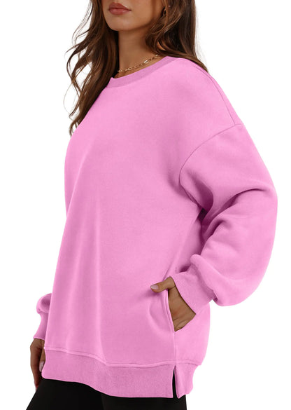 WIHOLL Womens Oversized Sweatshirts Crewneck Long Sleeve Tops Fleece Pullover Fall Fashion Clothes with Pocket Pink XX-Large