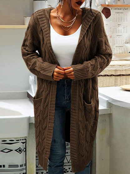 Women Hooded Open Front Cardigan Cable Knit Sweaters Solid Color Chunky Long Sweater Coats Large Dark Brown