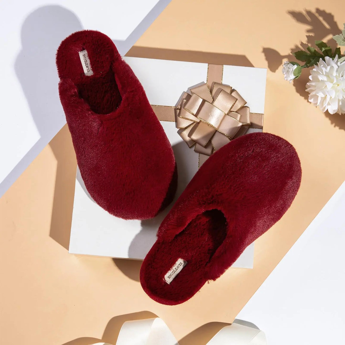 Snug Leaves Women's Fuzzy Scuff Slippers Soft Comfy Memory Foam Non-slip Indoor House Shoes 7-8 Wine Red