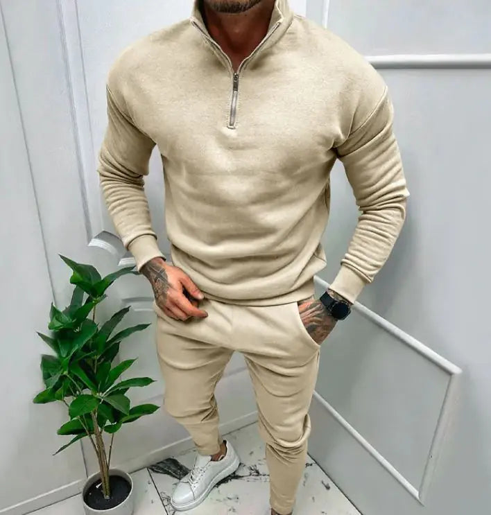 Men's Casual Fleece-lined Solid Color Top And Trousers Suit