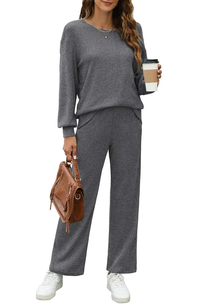 WIHOLL Womens Sweatsuits Sets Long Sleeve Crewneck Top Wide Leg Pants Two Piece Outfits Dark Gray Small