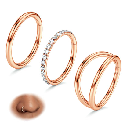 BodyBonita 3pcs Nose Rings Hoops - 316L Surgical Steel Double Hoop Nose Rings 16G/18G/20G Hinged CZ Conch Piercing Jewelry Septum Clicker Lip Rings Cartilage Earring Helix Rook Tragus Daith 7mm/8mm/9mm/10mm Rose Gold 16 gauge(1.2mm)-10mm