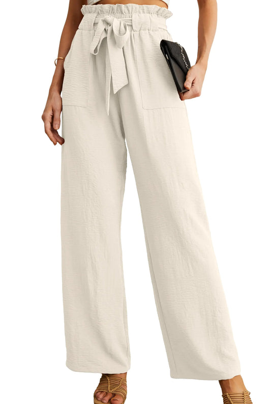 IWOLLENCE Women's Wide Leg Pants with Pockets High Waist Adjustable Knot Loose Casual Trousers Business Work Casual Pants 3X-Large 02 Ivory White