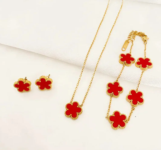 Five-leaf Flower Pendant Necklace Earring Bracelet Suit