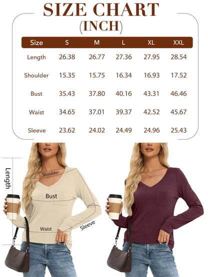 AUTOMET Womens Long Sleeve Shirts V Neck Casual Tops with Pockets Loose Dressy Basic Fall Outfits Clothes Winter Trendy 2024 Lightgreen Small