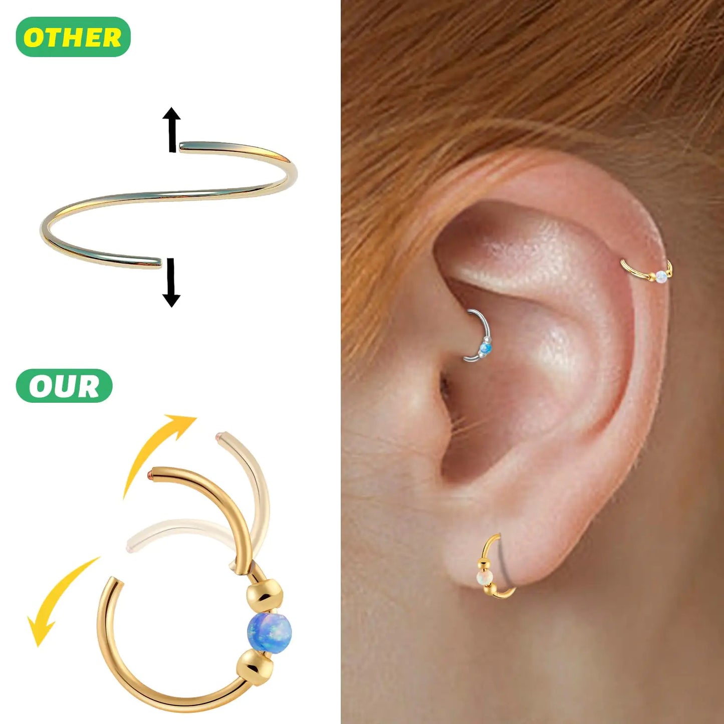 2PCS 18g Opal Nose Rings for Women Nose Hoops 8mm/10mm 316L Surgical Steel Nose Rings Piercing Jewelry Can Be Used as a Nose Ring, Septum Ring, and Cartilage Earring 2pcs-Gold-Blue opal 8mm10mm