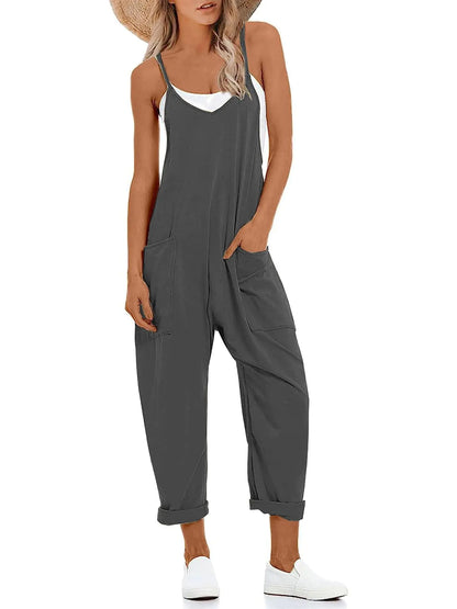 Muchpow Women's V Neck Sleeveless Jumpsuits Spaghetti Straps Harem Long Pants Overalls With Pockets Large Dark Grey