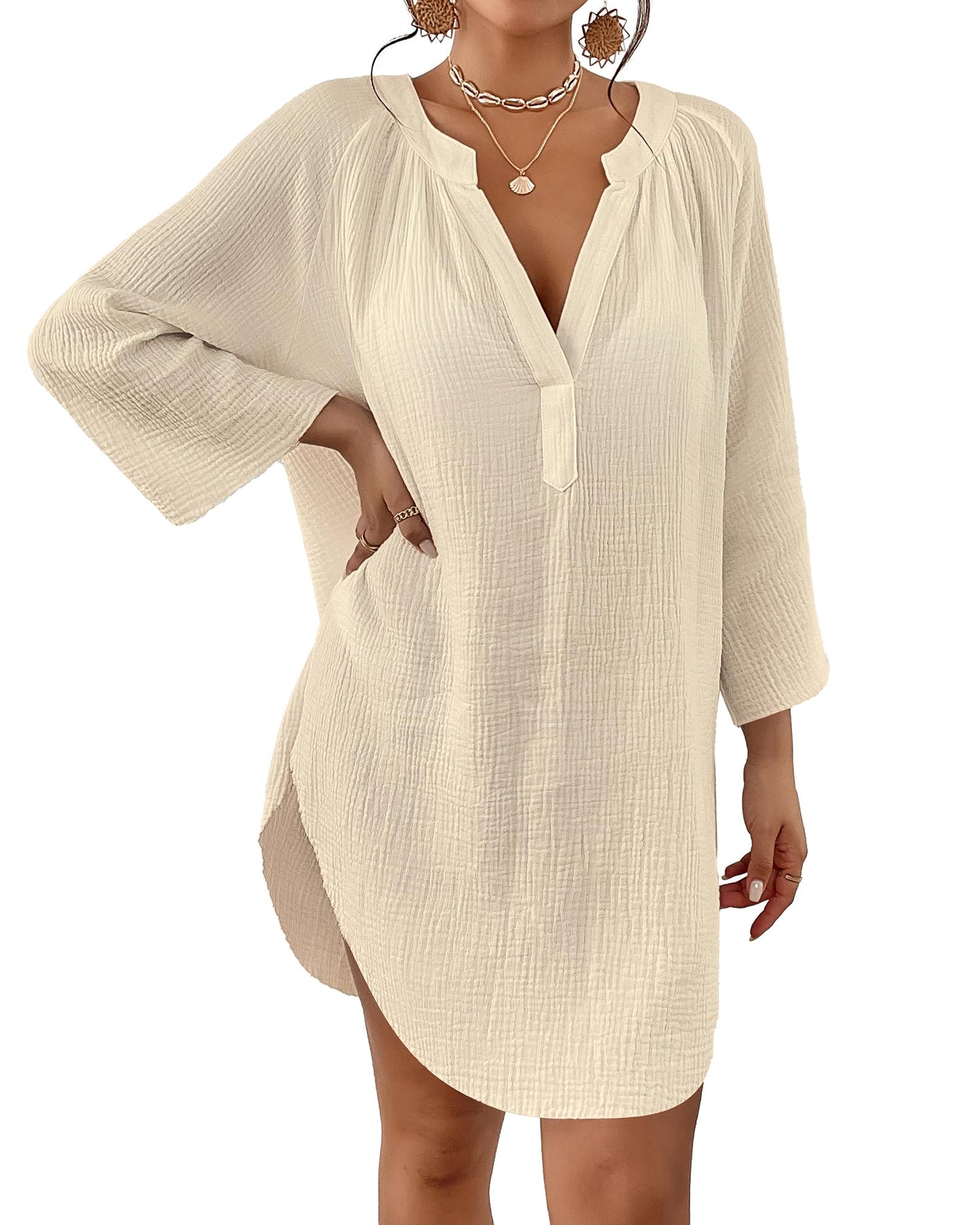 Bsubseach Women Beach Cover Ups Shirt Bikini Swimsuit Coverup Swimwear Bathing Suit Cover Up Apricot L