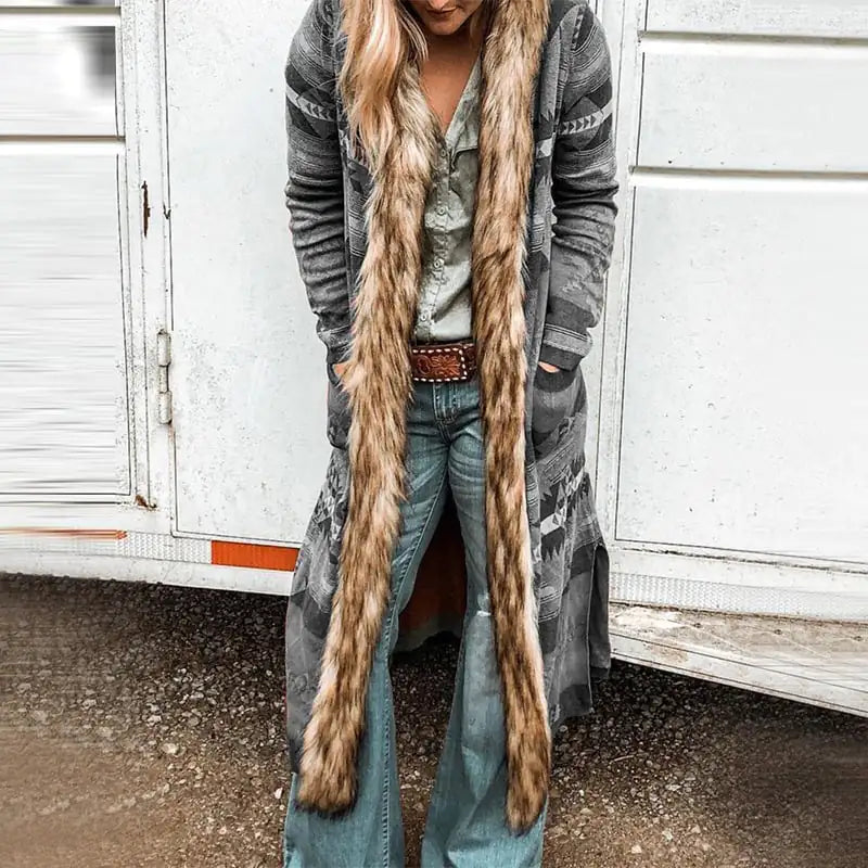 Winter Fur Collar Long Sleeve Print Coat