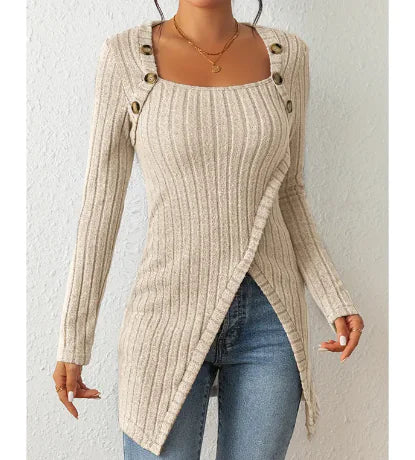 Square-neck Off-shoulder Slit Sweater