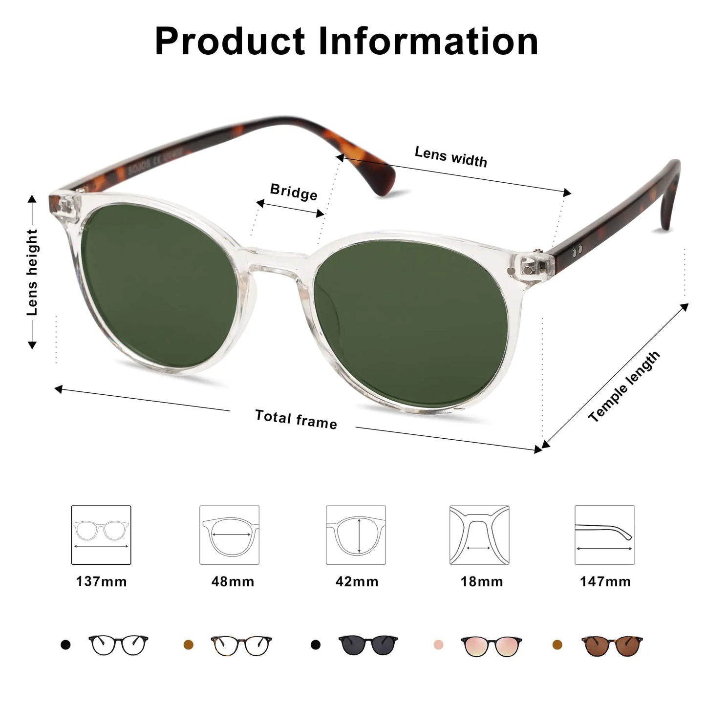 SOJOS Small Round Classic Polarized Sunglasses for Women Men Vintage Style UV400 Lens SJ2113 Clear/Green