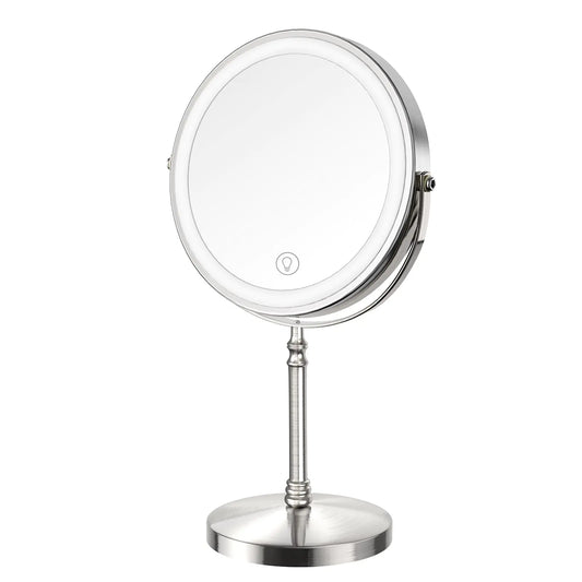 Lighted Makeup Mirror, 8" Rechargeable Double Sided Magnifying Mirror with 3 Colors, 1x/10x 360° Rotation Touch Screen Vanity Mirror, Brightness Adjustable Magnification Cosmetic Light up Mirror Nickel