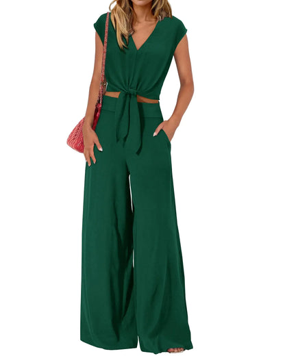 PRETTYGARDEN Women's Summer 2 Piece Outfits 2024 Cap Sleeve V Neck Belted Crop Tops Wide Leg Pant Sets Casual Tracksuit Small Solid Blue Green