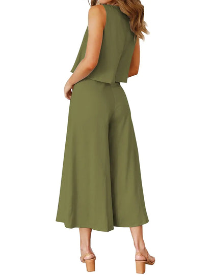 ROYLAMP Women's Summer 2 Piece Outfits Round Neck Crop Basic Top Cropped Wide Leg Pants Set Jumpsuits Olive Green Small