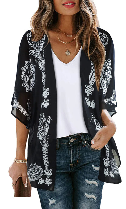 Women's Floral Print Puff Sleeve Kimono Cardigan Loose Cover Up Casual Blouse Tops Large Black