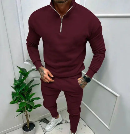 Men's Casual Fleece-lined Solid Color Top And Trousers Suit