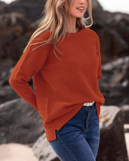 BTFBM Casual Women 2024 Fall Sweater Long Sleeve Ribbed Knit Pullover Loose Crewneck Batwing Split Sweater X-Large Solid Orange Red