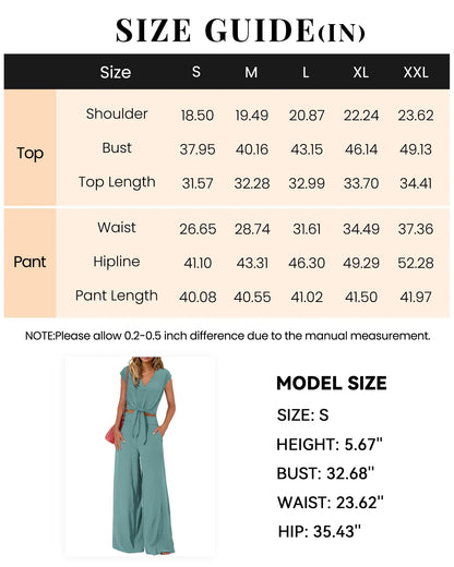 PRETTYGARDEN Women's Summer 2 Piece Outfits 2024 Cap Sleeve V Neck Belted Crop Tops Wide Leg Pant Sets Casual Tracksuit Small Solid Blue Green