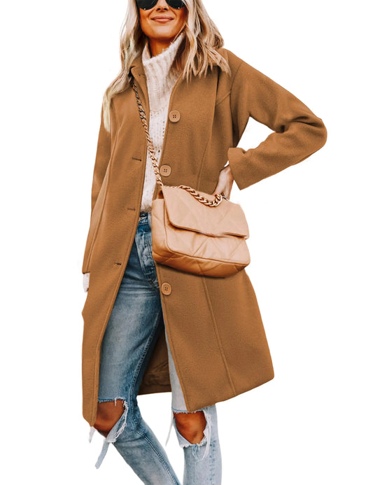 Freyhem Pea Coat for Women Camel Wool Blend Winter Dress Coats Long Single Breasted Trench Overcoat(Caramel-M)