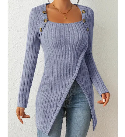 Square-neck Off-shoulder Slit Sweater