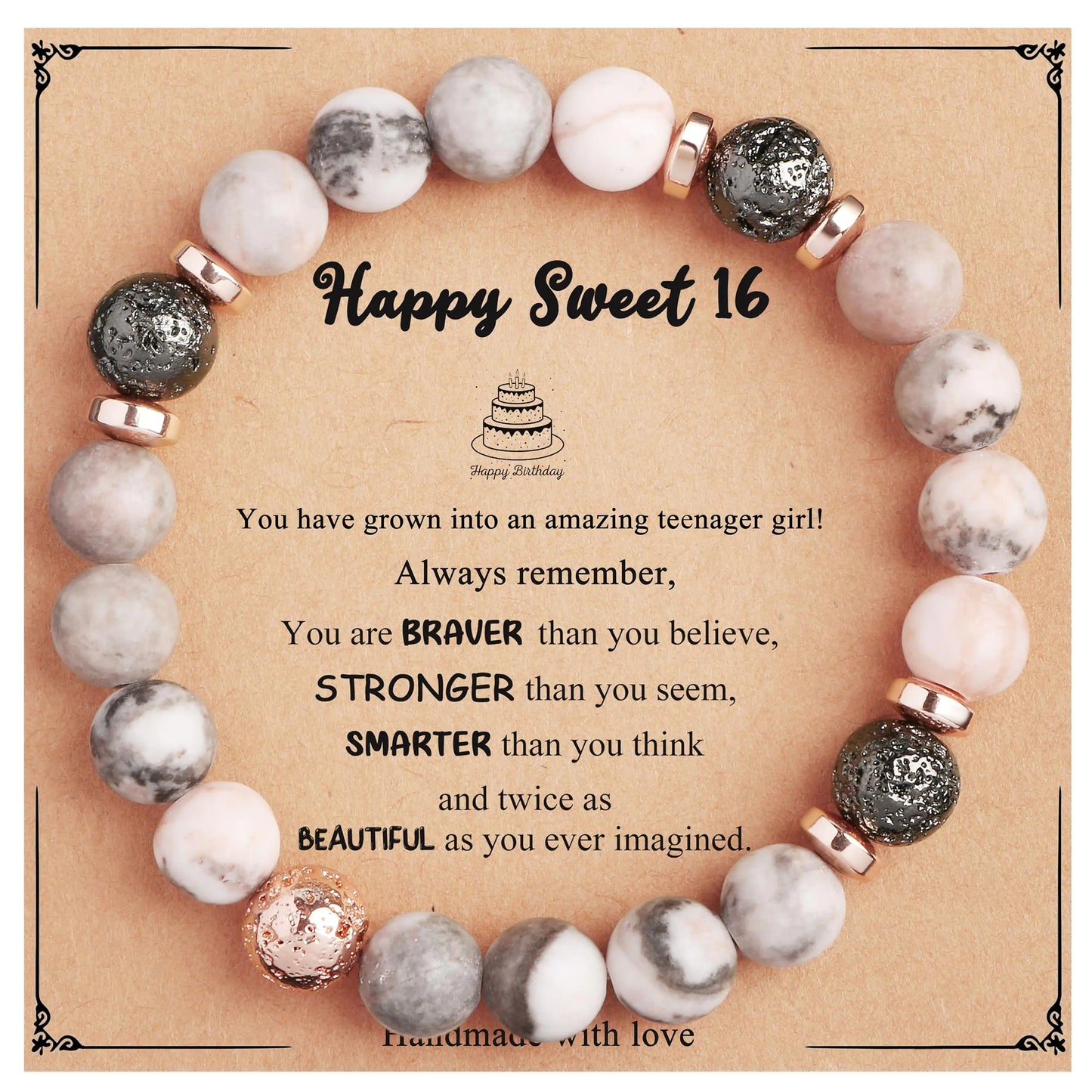 Yiyang 13th 16th 18th 21st 25th 30th 35th 40th 45th 50th 60th 65th 70th 75th 80th Birthday Gifts for Women, Natural Stone Bracelet Birthday Gifts for Women Mom Daughter Grandma Sister Coworker A.16th Birthday-Lava Rock&Pink Zebra Jasper